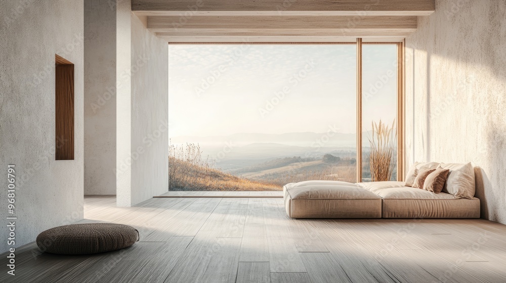 Fototapeta premium Minimalist living room interior featuring a sofa on a wooden floor wall decor and a view of a light landscape through the window Scandinavian inspired design 3D illustration
