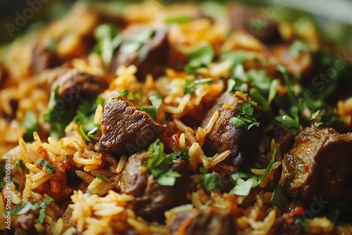 Steaming hot plate of delicious lamb and rice being served