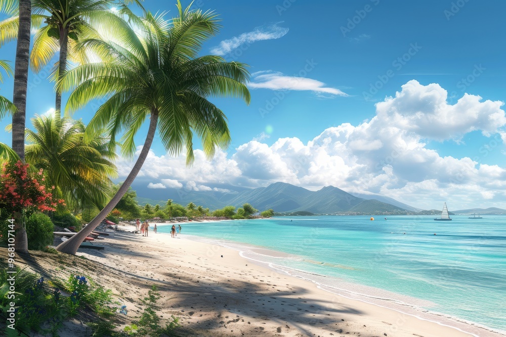 Fototapeta premium Pristine White Sand Beach with Lush Greenery and Relaxing Atmosphere