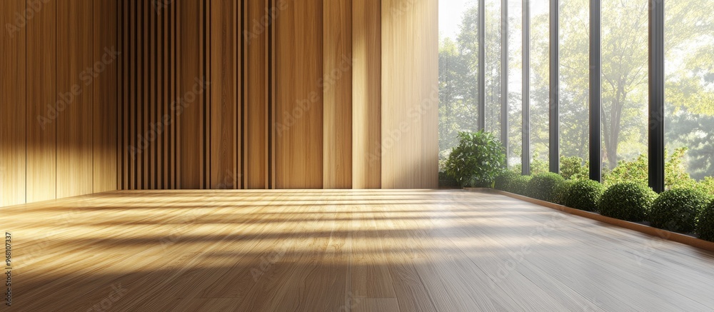 Close up of a wooden panel in a stylish room featuring panoramic windows and a parquet floor showcasing a minimalist zen interior design and contemporary architectural concept 3D rendering Close up of a wooden panel in a stylish room featuring panoramic windows and a parquet floor showcasing a minimalist zen interior design and contemporary architectural concept 3D rendering