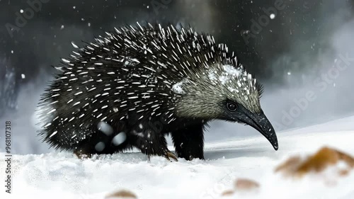 Echidna exploring a snowy landscape during winter in the Australian wilderness photo