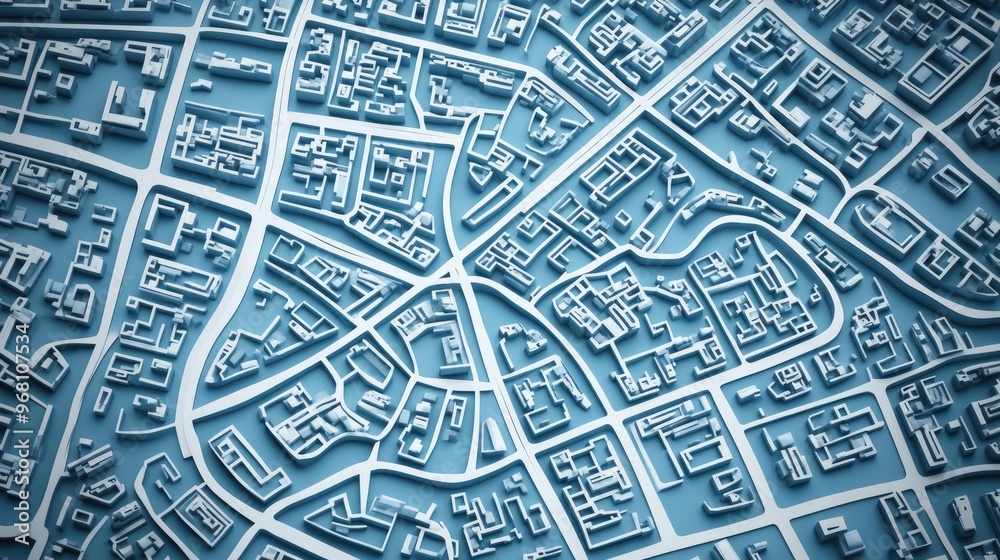 Map illustration of city streets created with white lines on blue paper Top down view against a textured background 3D rendered design Map illustration of city streets created with white lines on blue paper Top down view against a textured background 3D rendered design