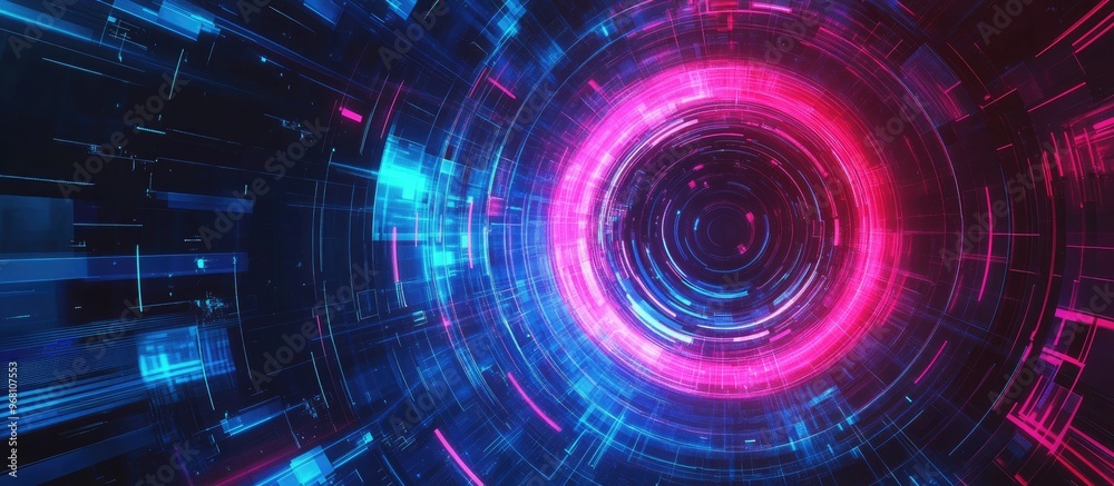 Fototapeta premium Dark retro futuristic cyberpunk abstract background featuring cosmic elements synthwave vaporwave and retrowave designs with a glowing blue and pink circular pattern