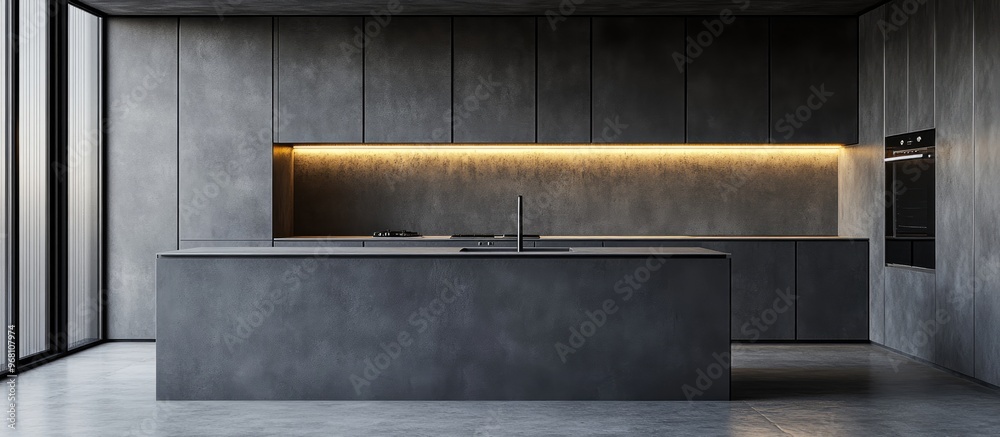 Minimalistic kitchen interior featuring gray walls a concrete floor gray cabinets and integrated sink and stove 3D rendering Minimalistic kitchen interior featuring gray walls a concrete floor gray cabinets and integrated sink and stove 3D rendering
