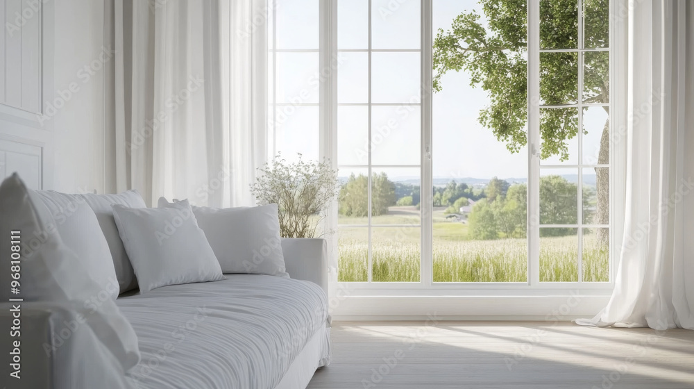 A bright, white room with a comfortable sofa and a view of a summer landscape outside the window. This Scandinavian-style interior is beautifully designed. A bright, white room with a comfortable sofa and a view of a summer landscape outside the window. This Scandinavian-style interior is beautifully designed.