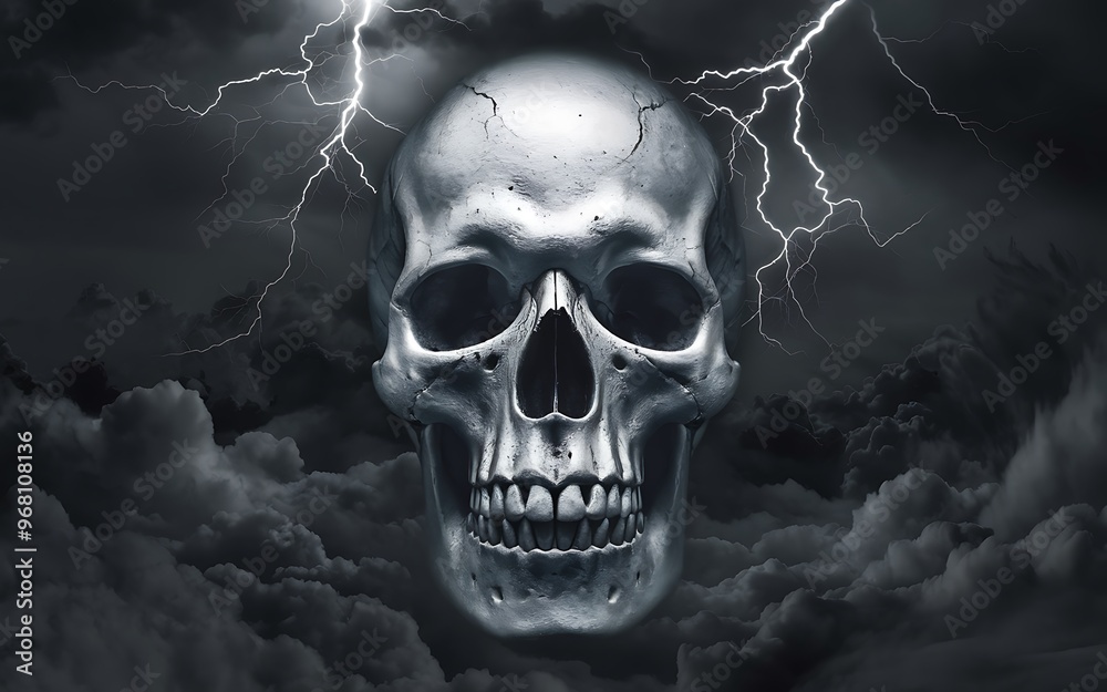 Skull in a Storm: Haunting Imagery of Dark Clouds and Striking Lightning