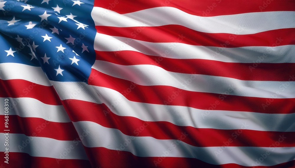Close-Up of the Waving American Flag, Featuring Prominent Stars and Stripes in Vibrant Red, White, and Blue, Symbolizing Patriotism, Freedom, and National Pride with Realistic Fabric Texture and Movem