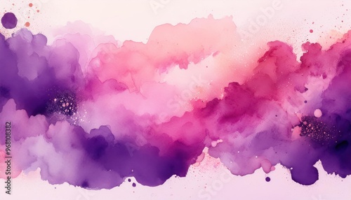 Dreamy Watercolor Clouds in Soft Pink, Lavender, and Purple Hues with Splashes of Light. Abstract Flowing Design with Artistic Ink Droplets and Gentle Gradients Blending into a Tranquil, Ethereal Sky