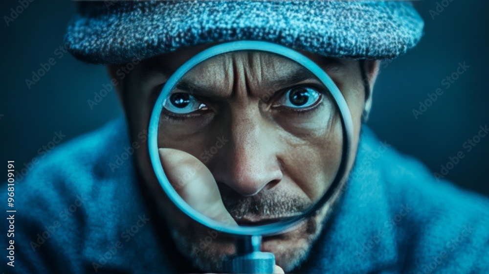 A man is looking into a magnifying glass A man is looking into a magnifying glass