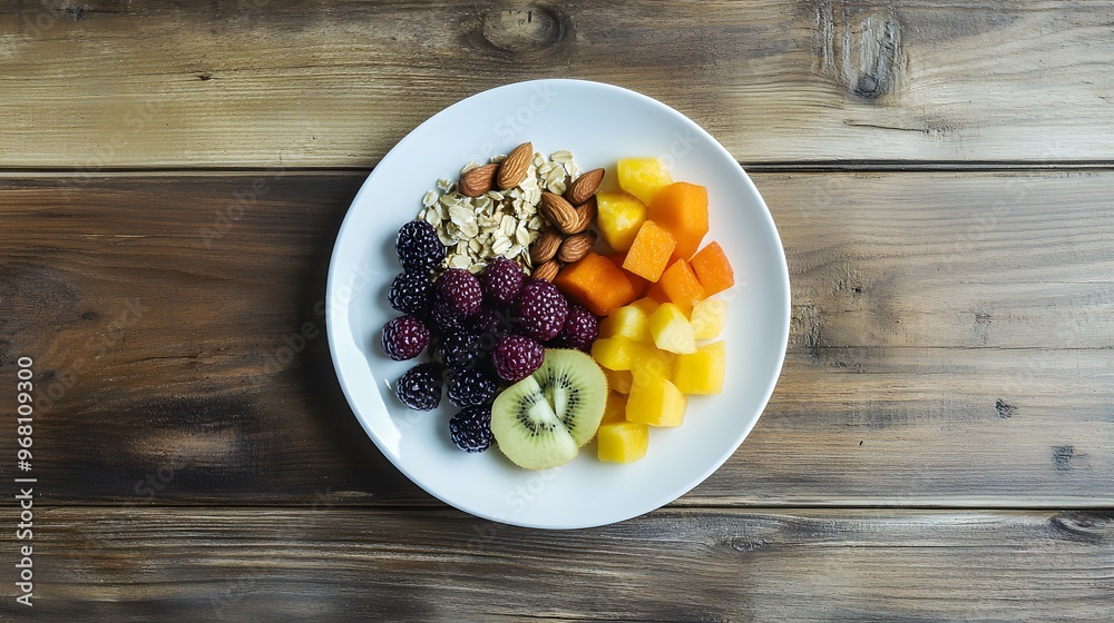 Healthy Breakfast on White Plate
A healthy breakfast of oatmeal, fresh fruits, and nuts on a white plate, placed on a wooden background with space for text at the bottom. Healthy Breakfast on White Plate
A healthy breakfast of oatmeal, fresh fruits, and nuts on a white plate, placed on a wooden background with space for text at the bottom.