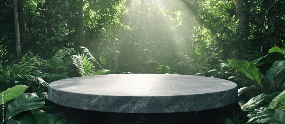 3D illustration of a flat stone pedestal in gray designed for product display set against a lush green forest backdrop with a serene natural landscape and gentle lighting