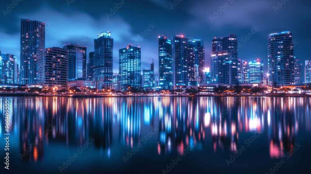 Fototapeta premium A city at night, with tall buildings lit up, reflecting in a still water. This image is perfect for a modern, tech-themed background.