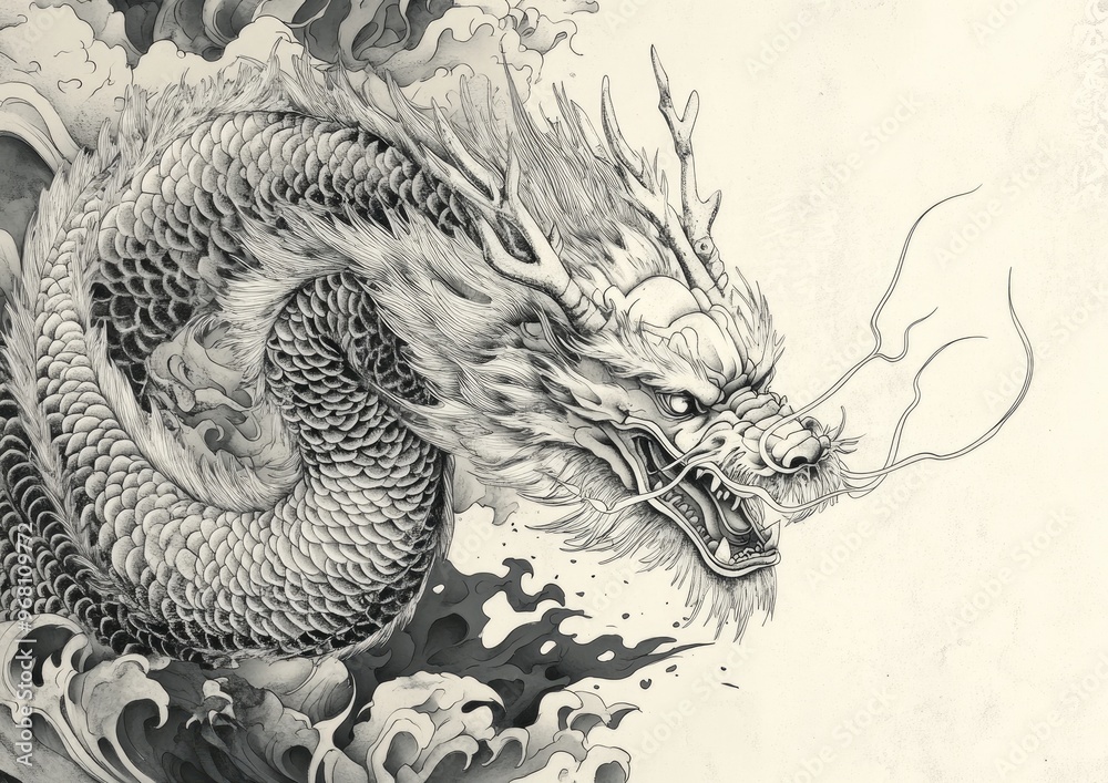 Hand drawn dragon tattoo design in a Japanese style featuring a traditional Asian dragon illustration suitable for coloring books and T shirt graphics