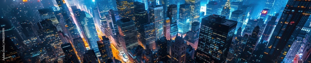 Obraz premium A vibrant aerial view of a cityscape at night, illuminated with colorful lights from buildings and streets below. Free copy space for banner.