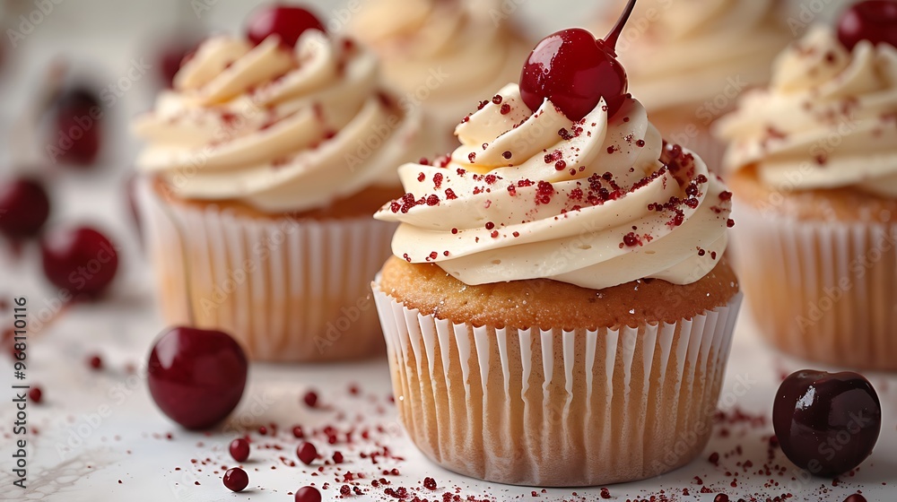 Birthday cream cupcake with colorful sprinkles and a candle, isolated on a white background.