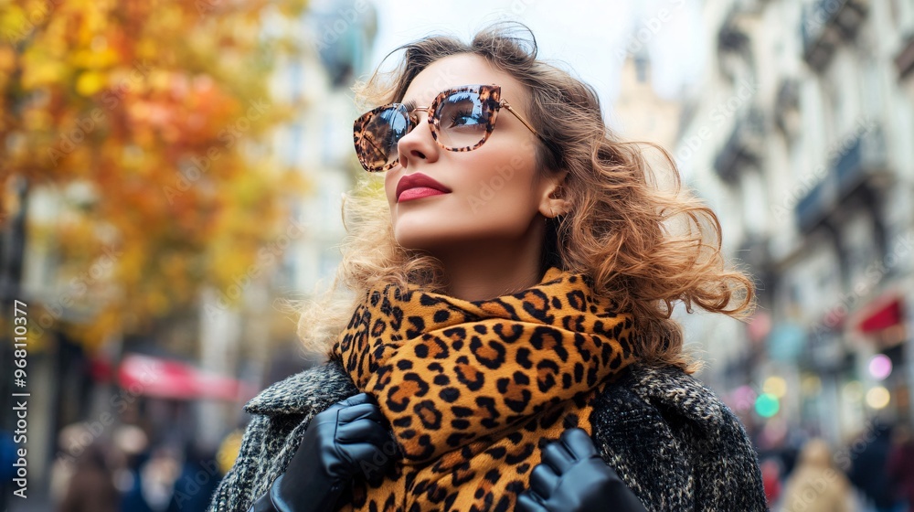 A fashionable woman wearing a leopard print scarf and sleek leather gloves, standing on a bustling city street during fall, with colorful leaves in the air A fashionable woman wearing a leopard print scarf and sleek leather gloves, standing on a bustling city street during fall, with colorful leaves in the air