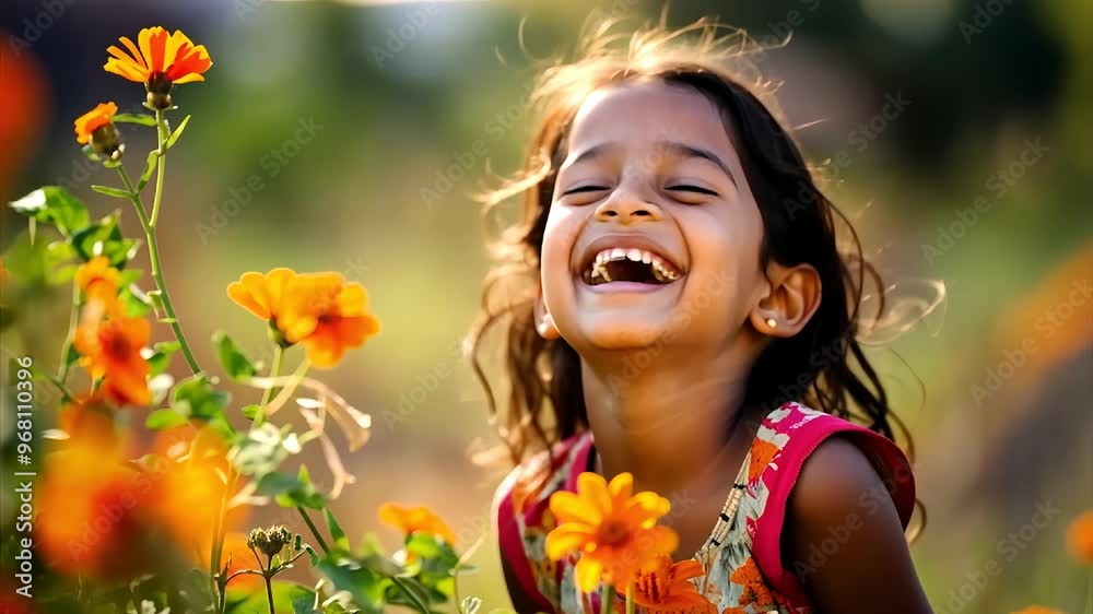 A happy joyful girl child smiling amid vibrant flowers in a sunny field during a beautiful afternoon A happy joyful girl child smiling amid vibrant flowers in a sunny field during a beautiful afternoon