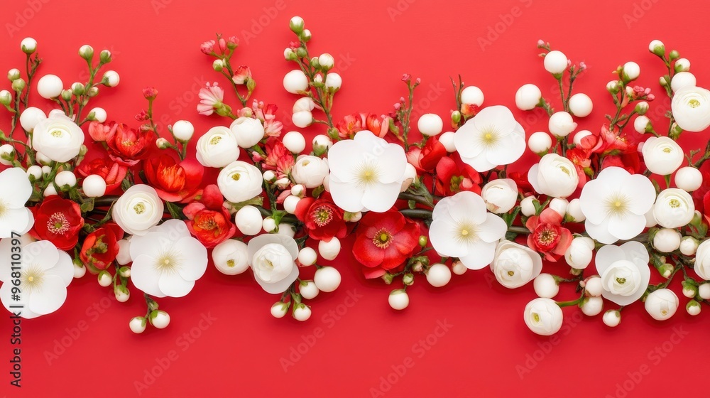 White Flowers and Red Berries on a Red Background White Flowers and Red Berries on a Red Background