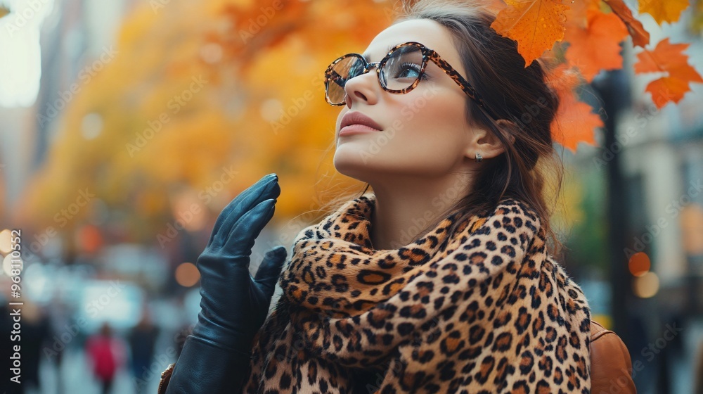 A fashionable woman wearing a leopard print scarf and sleek leather gloves, standing on a bustling city street during fall, with colorful leaves in the air A fashionable woman wearing a leopard print scarf and sleek leather gloves, standing on a bustling city street during fall, with colorful leaves in the air