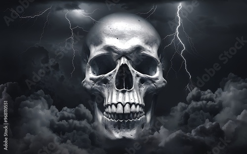 Skull in a Storm: Haunting Imagery of Dark Clouds and Striking Lightning