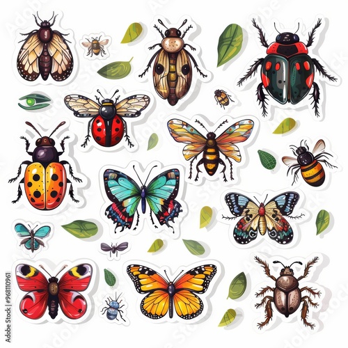 A sticker sheet with a focus on insects and bugs, such as butterflies, ladybugs, bees, and beetles