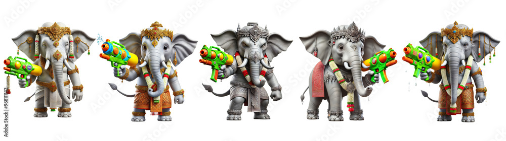 Colorful and playful cartoon elephants are depicted holding water guns, showcasing festive and fun atmosphere. These whimsical characters are perfect for celebrating joyous occasions. Colorful and playful cartoon elephants are depicted holding water guns, showcasing festive and fun atmosphere. These whimsical characters are perfect for celebrating joyous occasions.