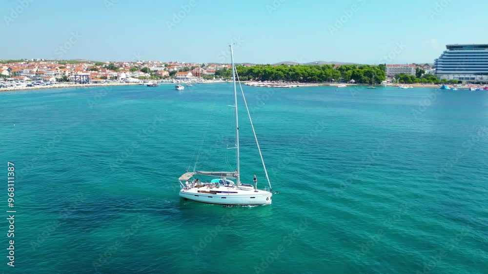 A sleek yacht cruising near the coastal town of Vodice, Croatia, captured from the air. The yacht glides through the crystal-clear waters of the Adriatic Sea, creating a picturesque scene A sleek yacht cruising near the coastal town of Vodice, Croatia, captured from the air. The yacht glides through the crystal-clear waters of the Adriatic Sea, creating a picturesque scene
