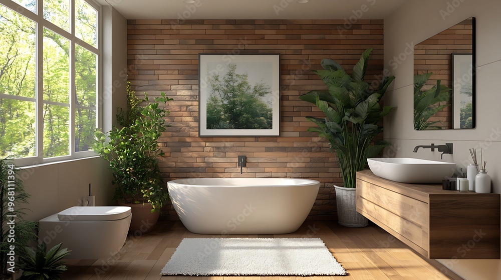 Modern bathroom interior design with a freestanding bathtub, wooden wall, large window and plants. Modern bathroom interior design with a freestanding bathtub, wooden wall, large window and plants.
