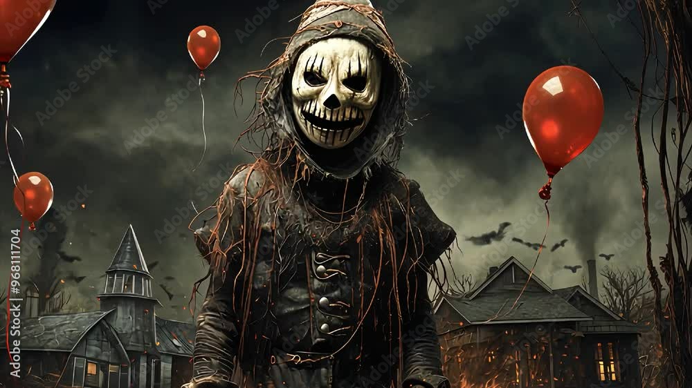 A haunting scarecrow with mask standing balloons in a dark abandoned village house fire burning horror scary halloween 
