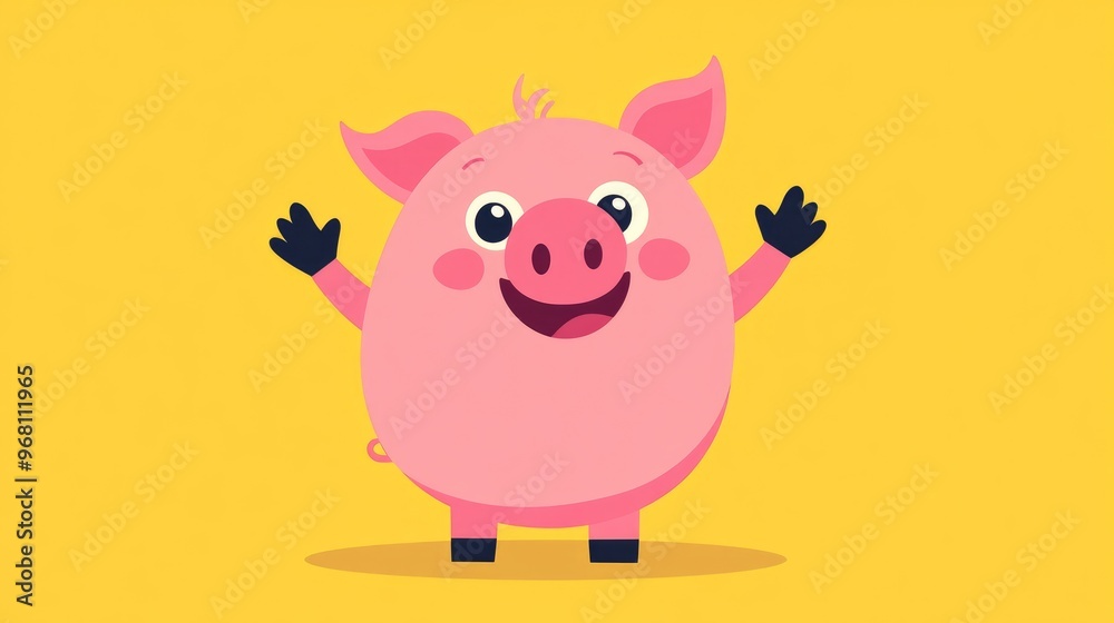 Colorful cartoon pig with a flat design waving cheerfully Colorful cartoon pig with a flat design waving cheerfully