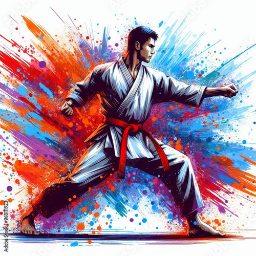 Dynamic martial artist executing a powerful move with colorful energy

