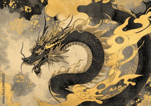 Hand drawn 2D cartoon dragon in black and gold colors showcasing a unique Japanese artistic style