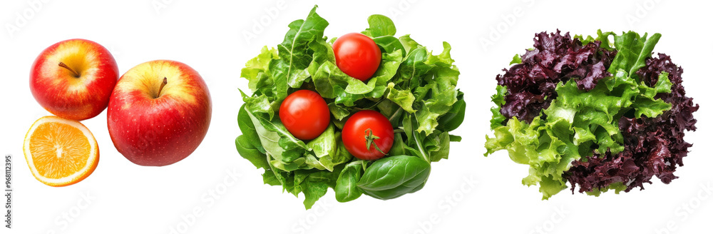 Fresh apples and oranges alongside vibrant salad mix featuring tomatoes and various greens create colorful and healthy display. Fresh apples and oranges alongside vibrant salad mix featuring tomatoes and various greens create colorful and healthy display.