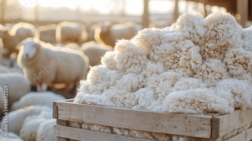 A pile of freshly sheared wool, soft and fluffy, stacked in a wooden crate at a countryside wool market, with sheep grazing in the background