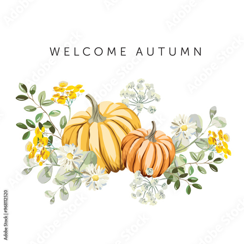 Welcome Autumn design template print. Yellow pumpkin, daisy flowers, leaves, white background. Vector illustration. October harvest background. Fall season