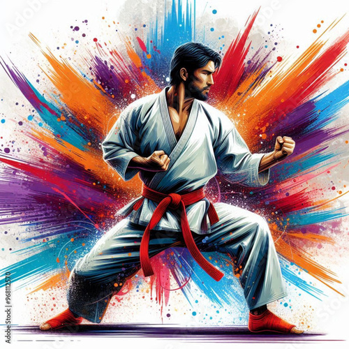 Dynamic martial artist executing a powerful move with colorful energy

