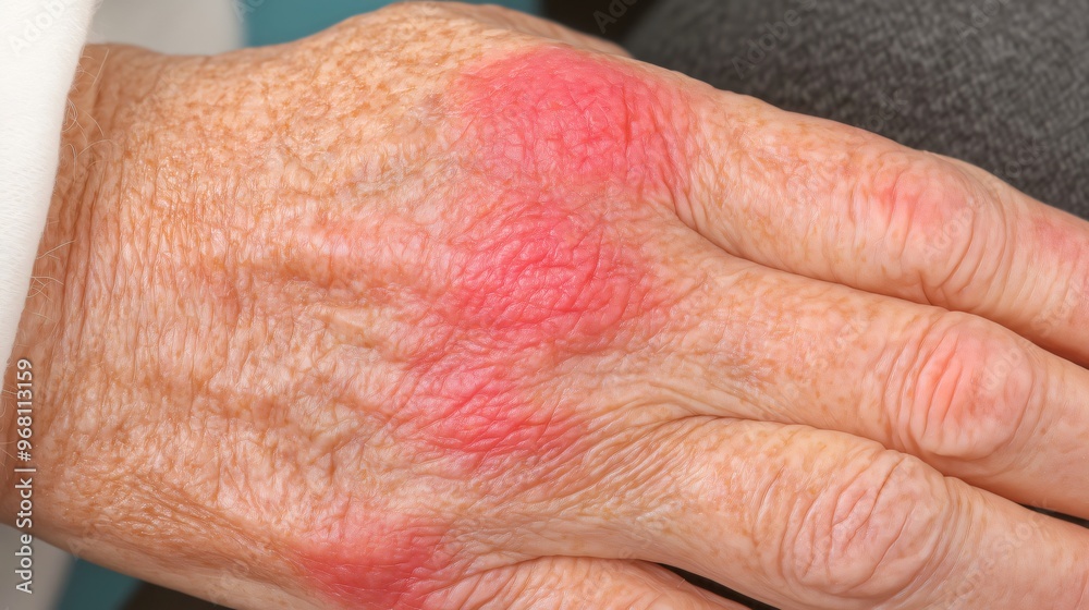 Close-up of senior woman hand showing symptoms of psoriasis Close-up of senior woman hand showing symptoms of psoriasis