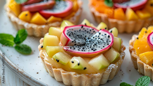 Close-up of fruit tarts with dragon fruit, kiwi, and mango topping