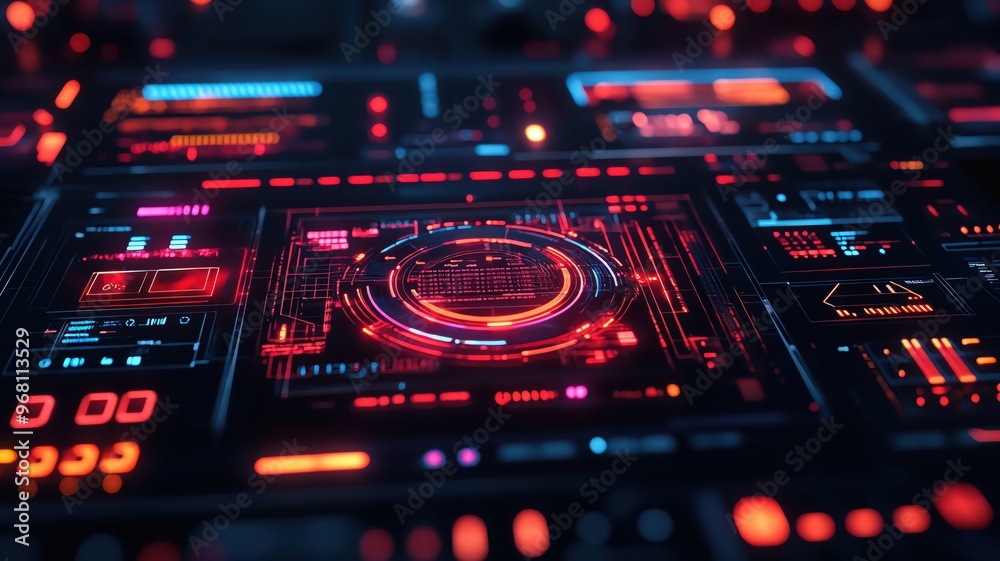 Obraz premium Futuristic digital interface with glowing red and blue lights.