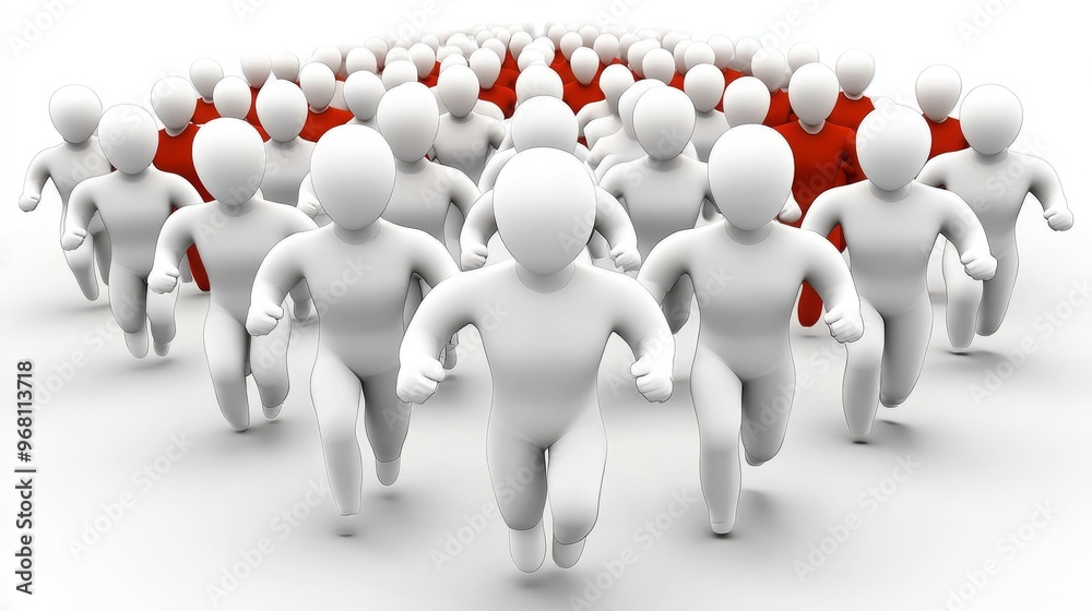A dynamic scene depicting a group of white figures running forward, symbolizing movement, teamwork, and energy in a minimalist style. A dynamic scene depicting a group of white figures running forward, symbolizing movement, teamwork, and energy in a minimalist style.