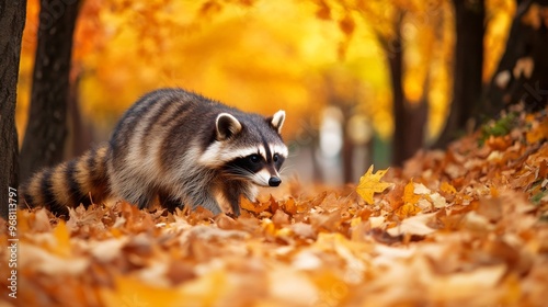 Raccoon Walking Through Autumn Leaves in a Forest