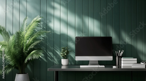 minimalistic home workplace: desk, computer, office supplies & plants on mint background; copy space photo