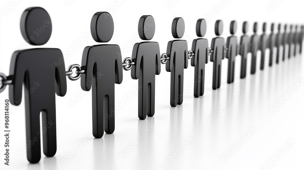 A line of black figures connected by chains, symbolizing unity, teamwork, and collaboration in a minimalist design. A line of black figures connected by chains, symbolizing unity, teamwork, and collaboration in a minimalist design.