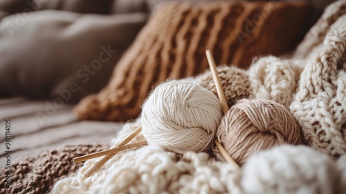 An intricate close-up of handspun wool yarn in rich earth tones, with knitting needles resting on a textured wool blanket in a cozy living room photo