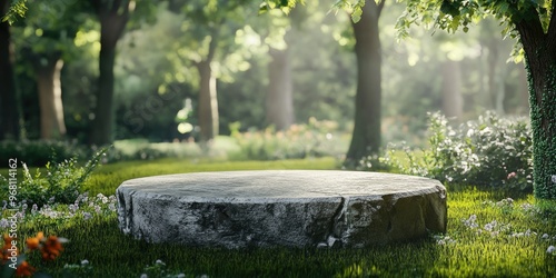 Abstract realistic 3D render of a spring setting featuring a stone podium on a grassy field in a forest ideal for product presentation advertising or mockups