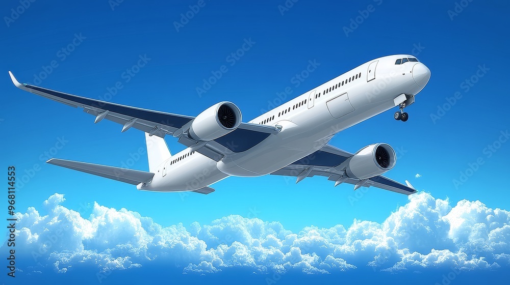 A modern airplane soaring through a clear blue sky, surrounded by fluffy white clouds, symbolizing travel and adventure. A modern airplane soaring through a clear blue sky, surrounded by fluffy white clouds, symbolizing travel and adventure.