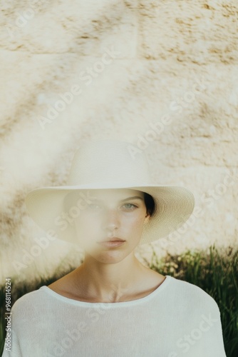 Abstract Portrait with Beige Sun Hat, Blurred Background, Soft Warm Tones, Symmetrical Composition photo