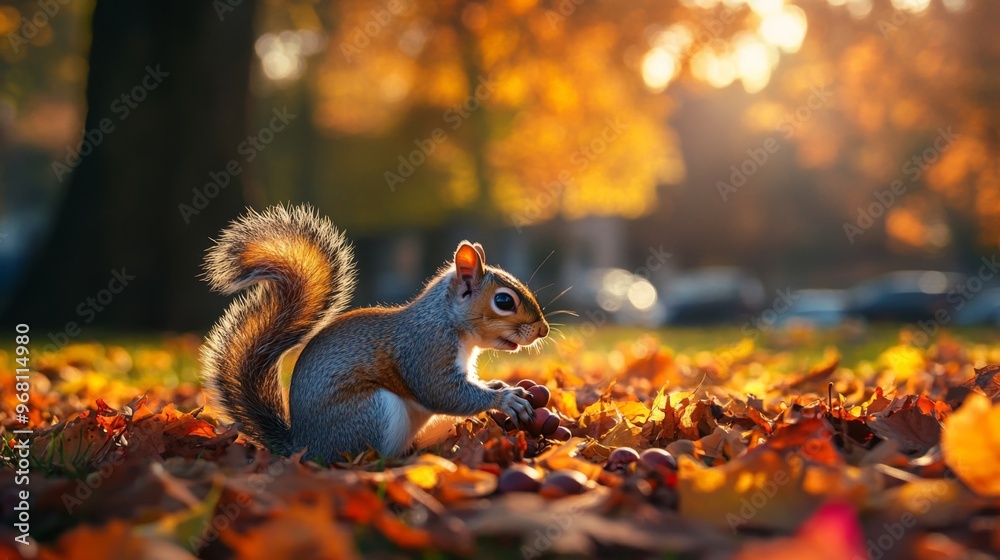 Gray Squirrel Gathering Nuts in Autumn Foliage Gray Squirrel Gathering Nuts in Autumn Foliage