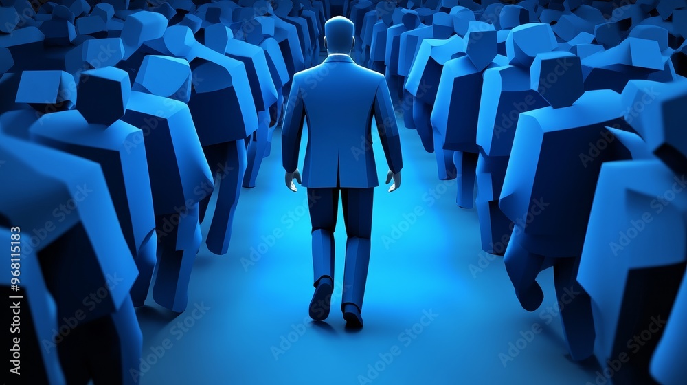 Fototapeta premium A solitary figure in a blue suit walks through a crowd, symbolizing individuality and focus amidst collective anonymity.