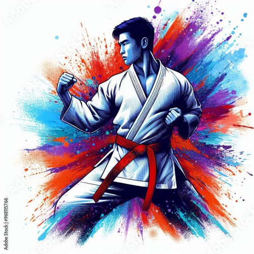 Dynamic martial artist executing a powerful move with colorful energy

